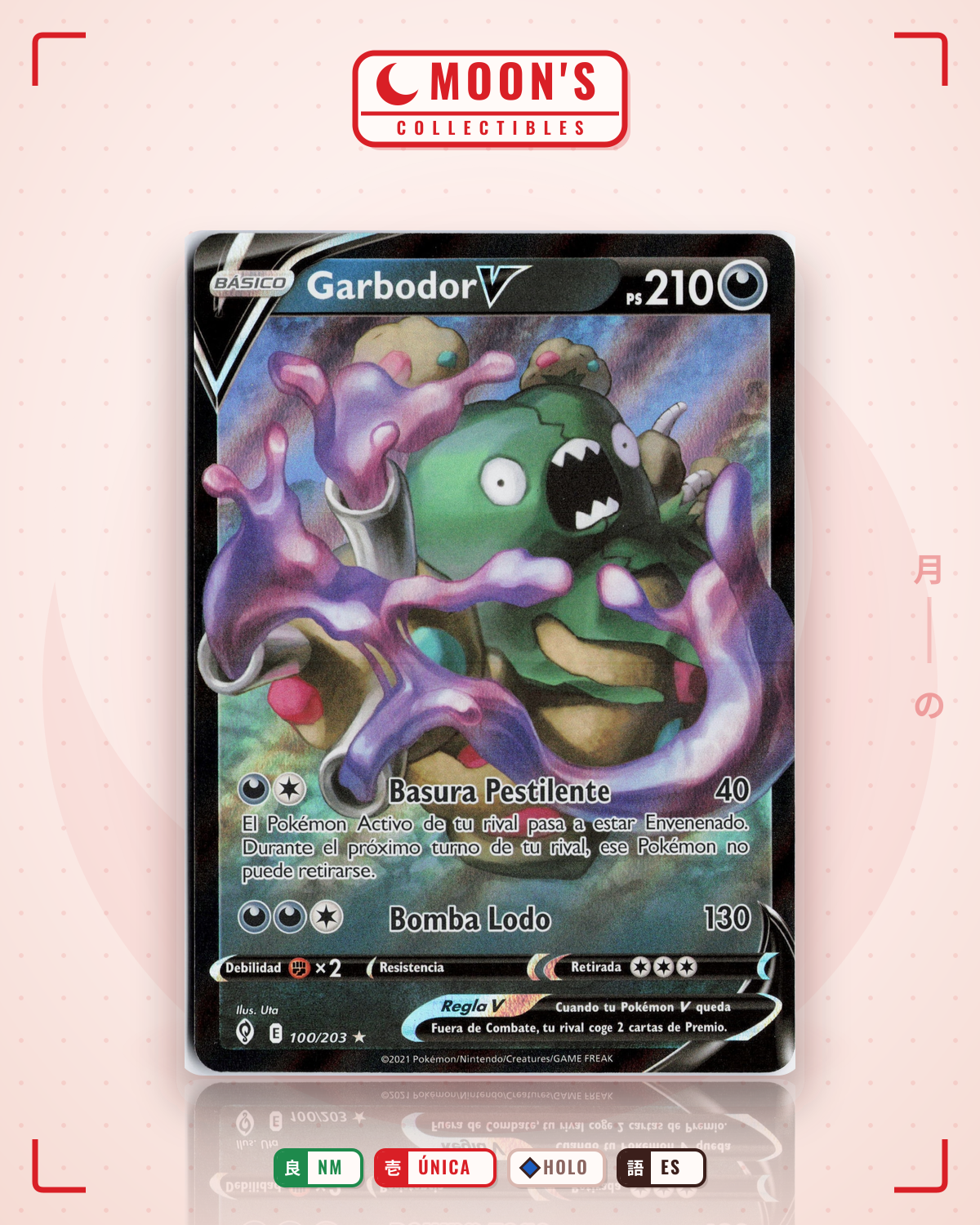 Carta Pokémon Garbodor V · Evolving Skies #100/203 (NM) — pieza única en Moon's Collectibles México
