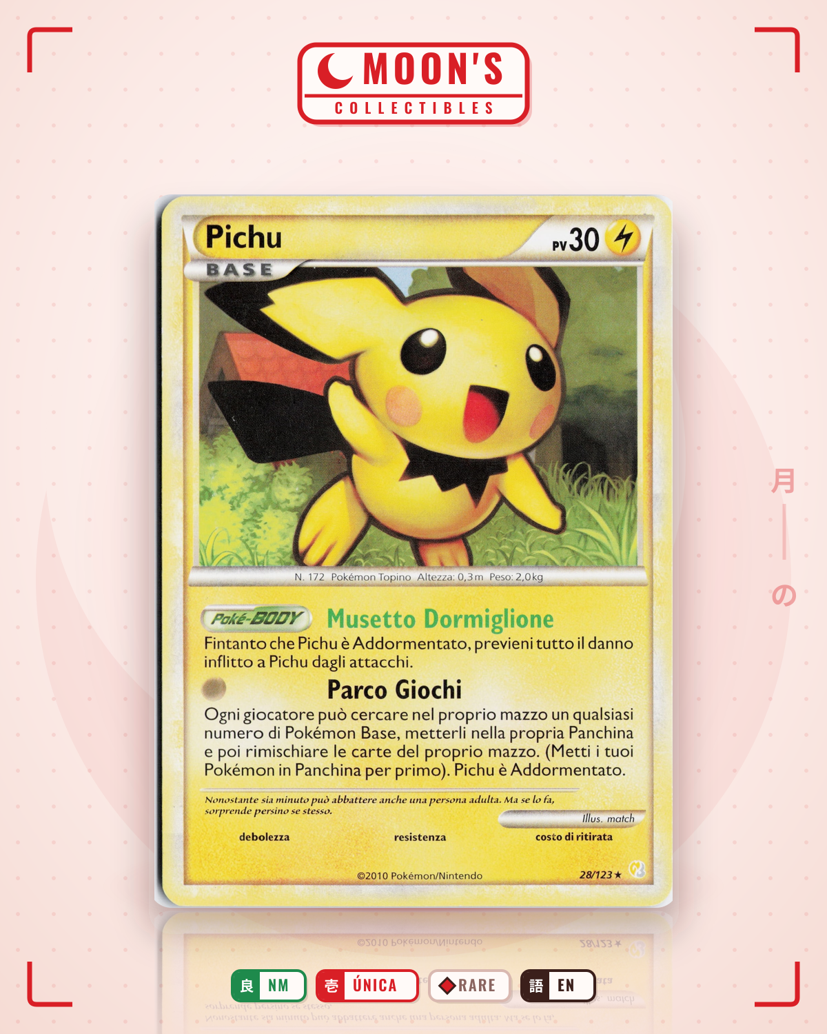 Carta Pokémon Pichu Italiano · HeartGold & SoulSilver #28/123 (NM) — pieza única en Moon's Collectibles México