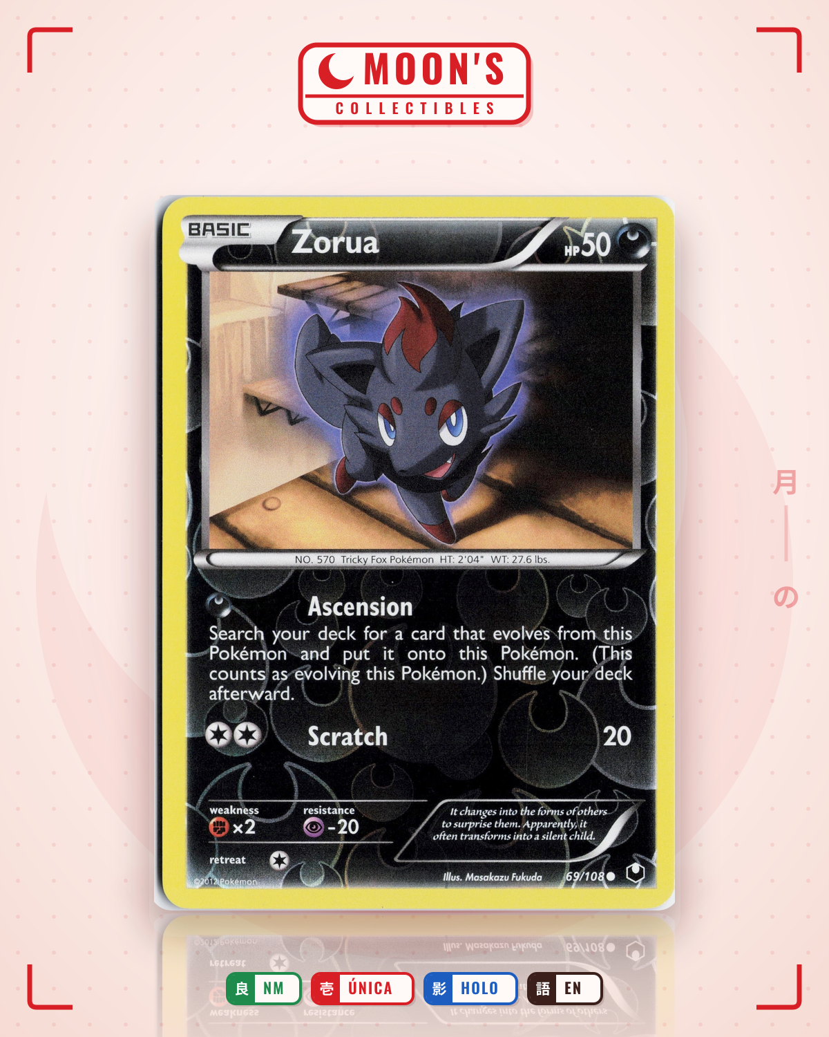 Carta Pokémon Zorua · Dark Explorers #69/108 (NM) — pieza única en Moon's Collectibles México
