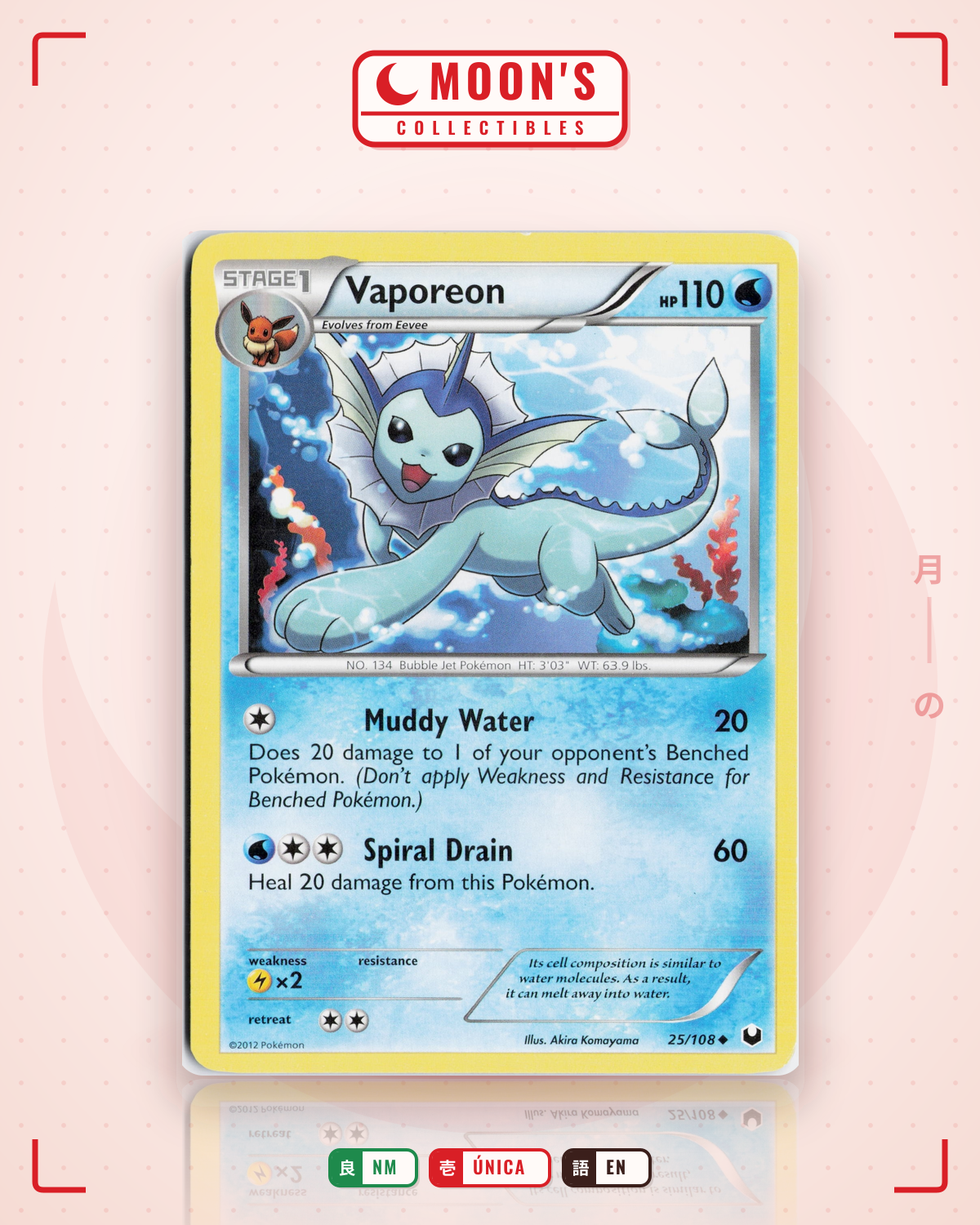 Carta Pokémon Vaporeon · Dark Explorers #25/108 (NM) — pieza única en Moon's Collectibles México