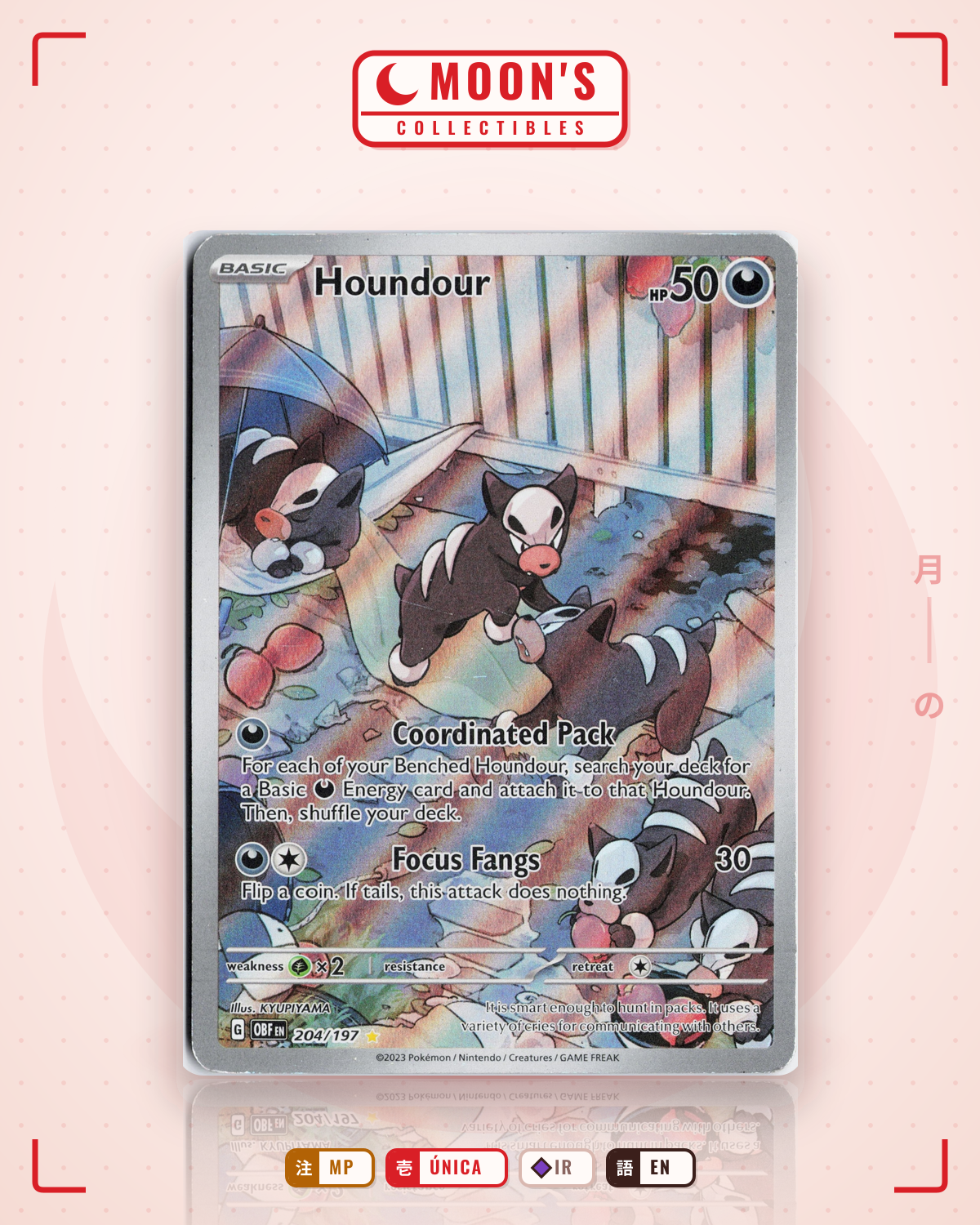 Carta Pokémon Houndour · Obsidian Flames #204/197 (MP) — pieza única en Moon's Collectibles México