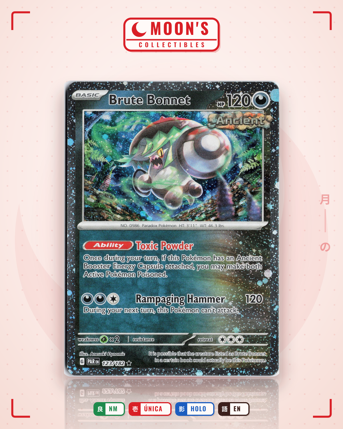 Carta Pokémon Brute Bonnet · Paradox Rift #123/182 (NM) — pieza única en Moon's Collectibles México