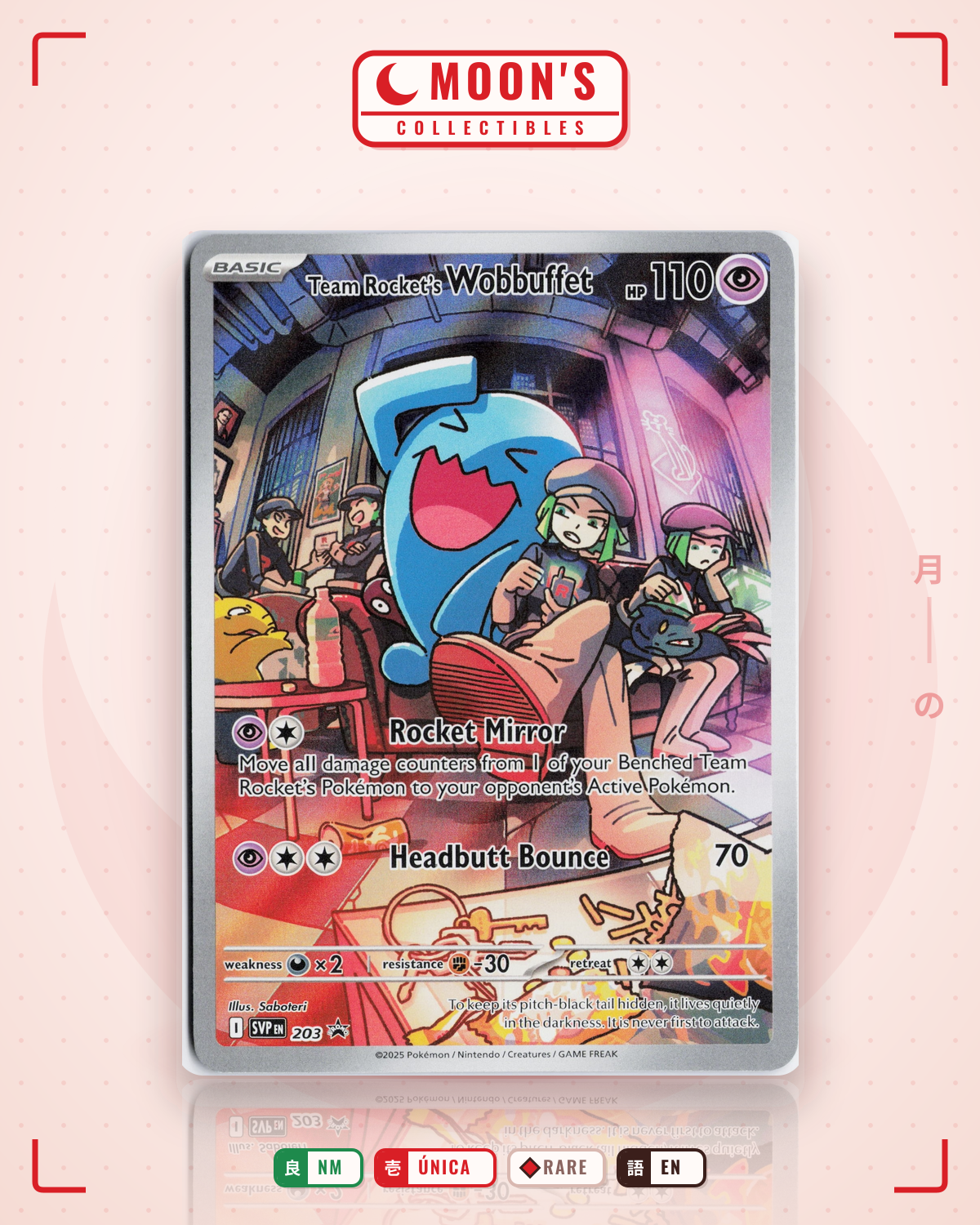 Carta Pokémon Team Rocket's Wobbuffet · Scarlet & Violet Black Star Promos #203 (NM) — pieza única en Moon's Collectibles México