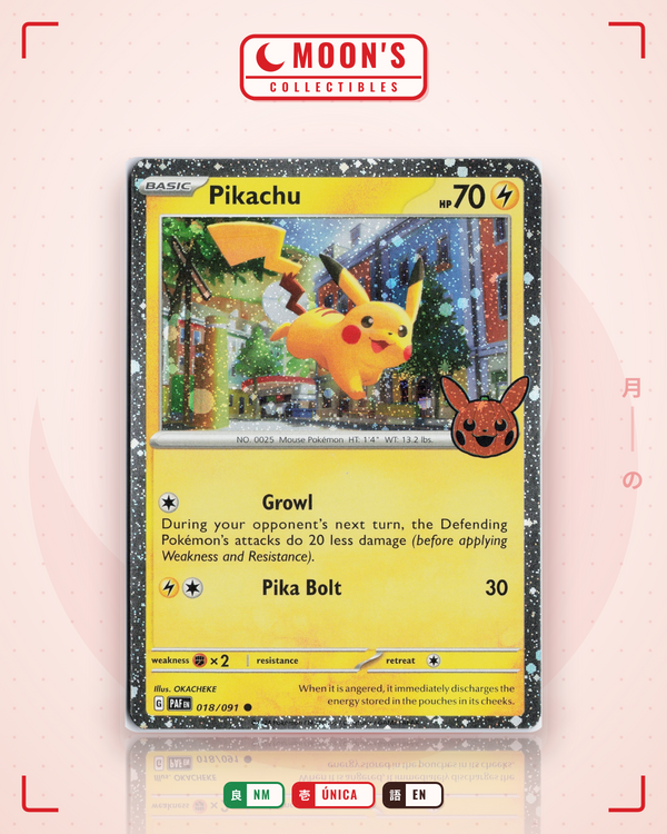 Carta Pokémon Pikachu · Paldean Fates #018/091 (NM) — pieza única en Moon's Collectibles México