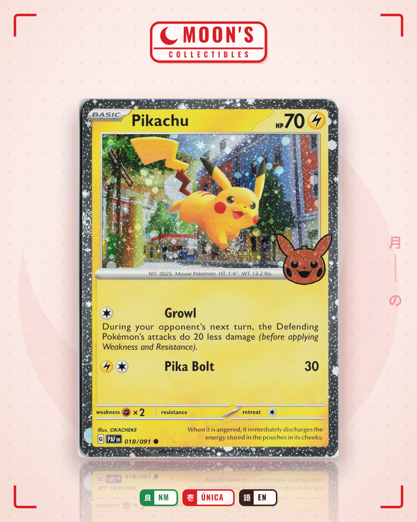 Carta Pokémon Pikachu · Paldean Fates #018/091 (NM) — pieza única en Moon's Collectibles México