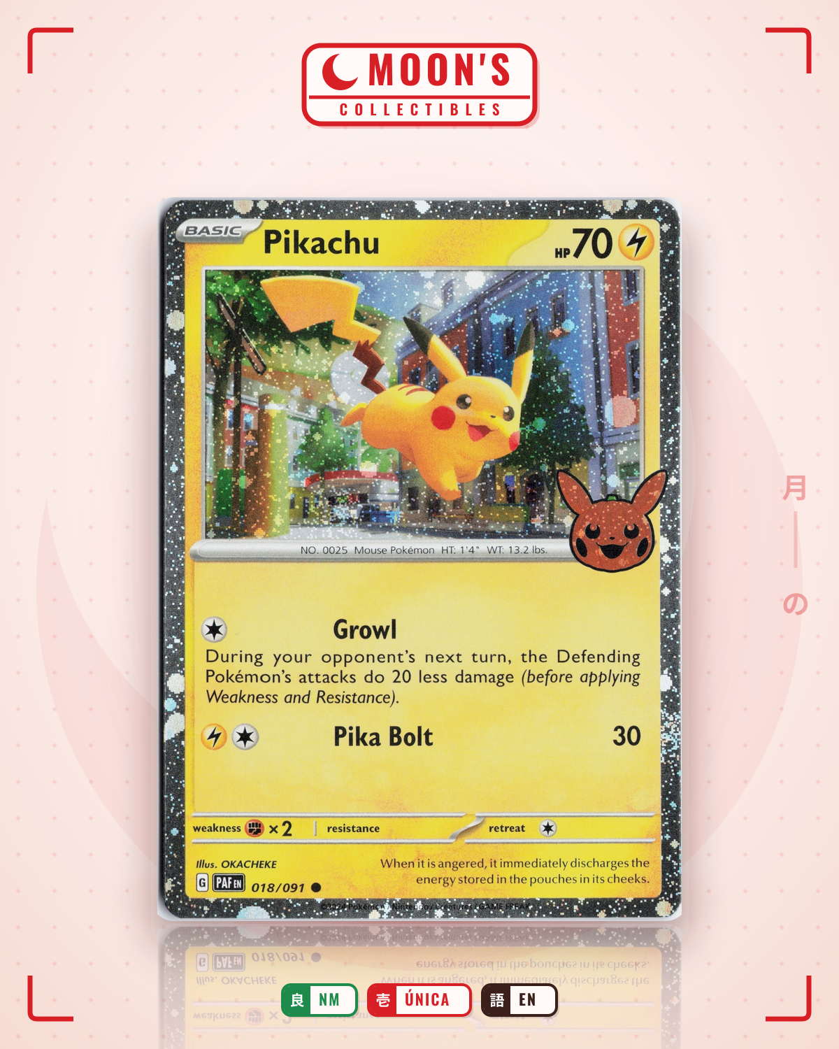 Carta Pokémon Pikachu · Paldean Fates #018/091 (NM) — pieza única en Moon's Collectibles México