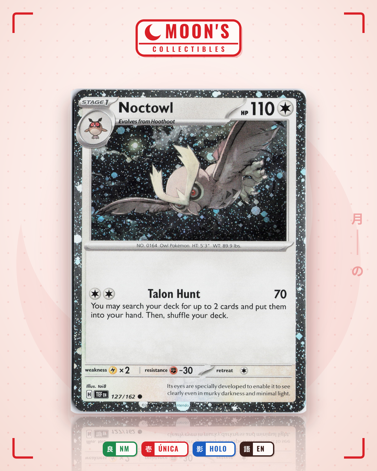 Carta Pokémon Noctowl · Temporal Forces #127/162 (NM) — pieza única en Moon's Collectibles México
