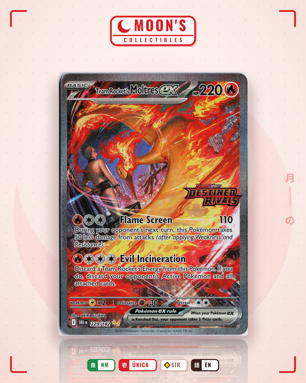 Carta Pokémon Team Rocket's Moltres ex · Destined Rivals #229/182 (NM) — pieza única en Moon's Collectibles México