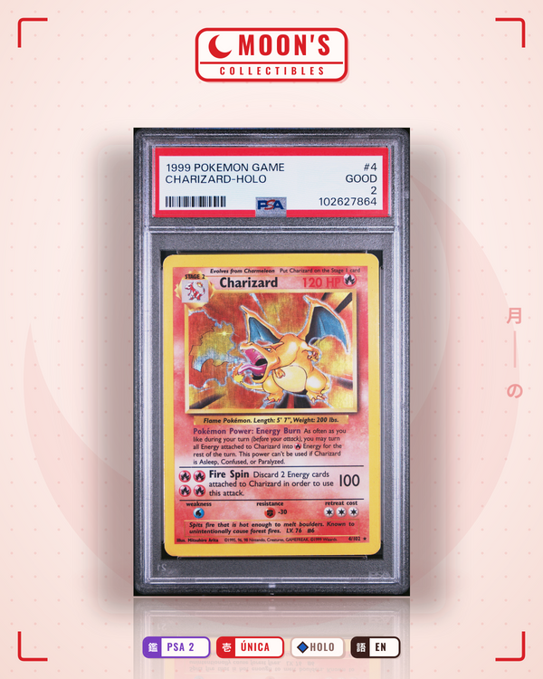 Carta Pokémon Charizard · Base #4/102 (PSA 2) — pieza única en Moon's Collectibles México