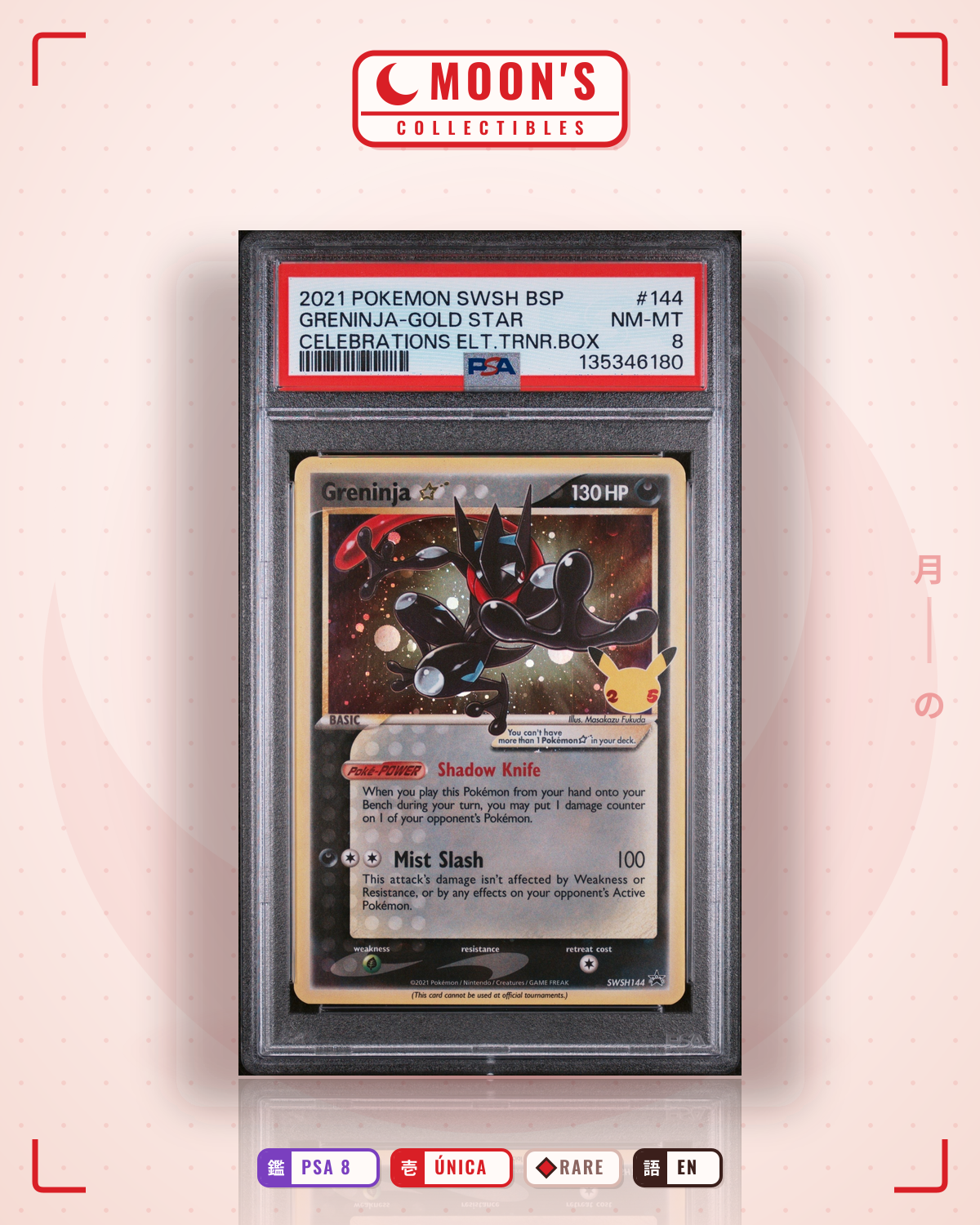 Carta Pokémon Greninja ☆ · SWSH Black Star Promos #SWSH144 (PSA 8) — pieza única en Moon's Collectibles México