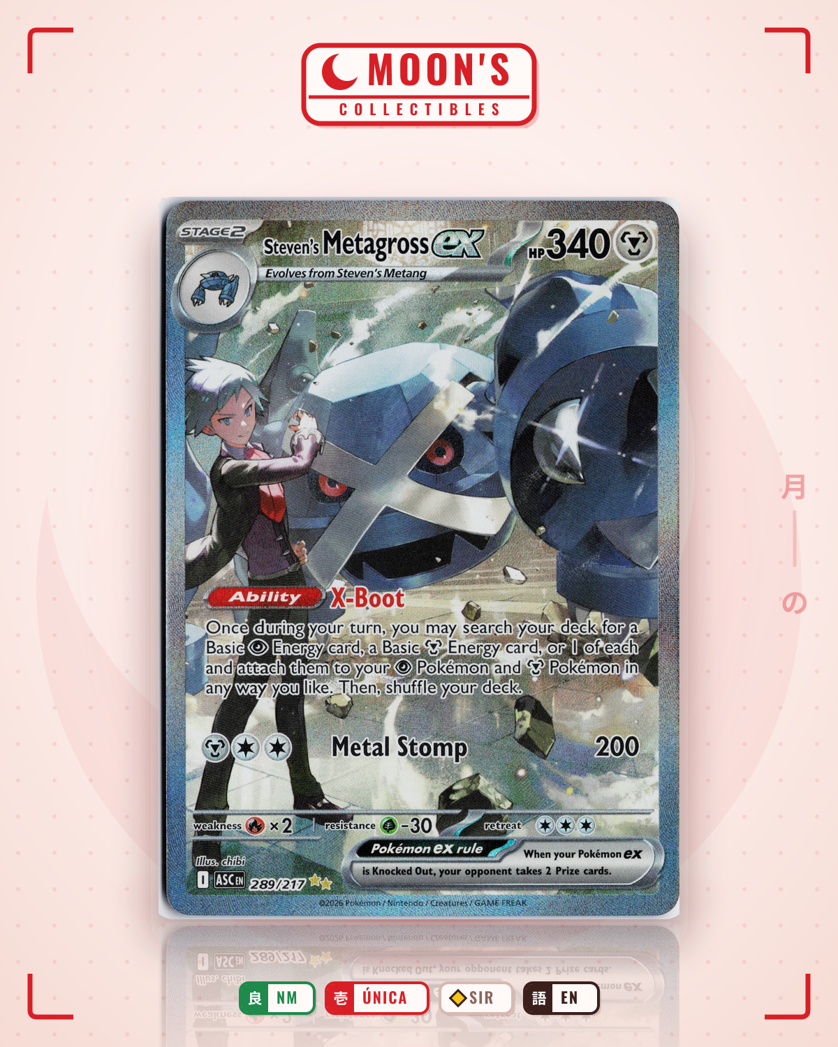 Carta Pokémon Steven's Metagross ex · Ascended Heroes #289/217 (NM) — pieza única en Moon's Collectibles México