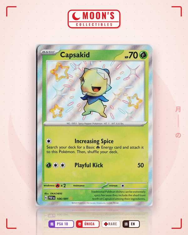 Carta Pokémon Capsakid · Paldean Fates #106/091 (PSA 10) — pieza única en Moon's Collectibles México