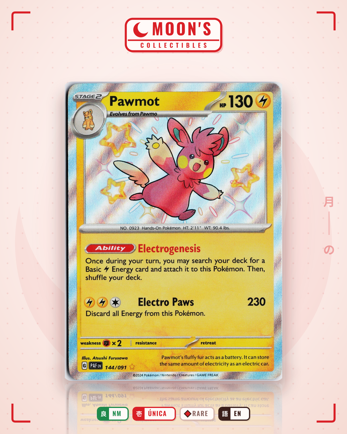 Carta Pokémon Pawmot · Paldean Fates #144/091 (NM) — pieza única en Moon's Collectibles México