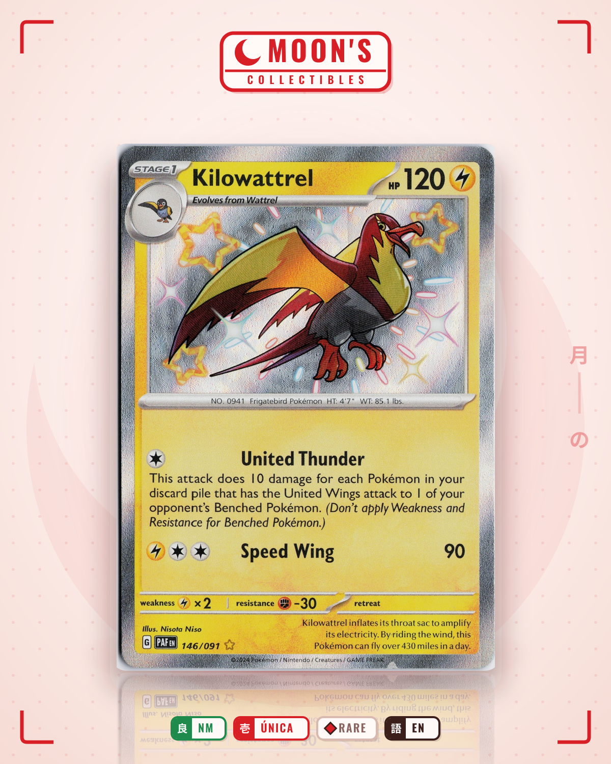 Carta Pokémon Kilowattrel · Paldean Fates #146/091 (NM) — pieza única en Moon's Collectibles México