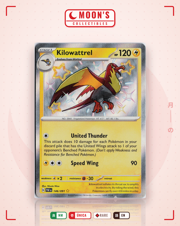 Carta Pokémon Kilowattrel · Paldean Fates #146/091 (NM) — pieza única en Moon's Collectibles México