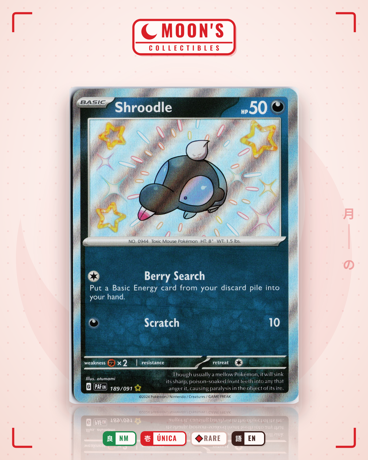 Carta Pokémon Shroodle · Paldean Fates #189/091 (NM) — pieza única en Moon's Collectibles México
