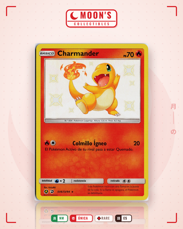 Carta Pokémon Charmander · Hidden Fates Shiny Vault #SV6/SV94 (NM) — pieza única en Moon's Collectibles México