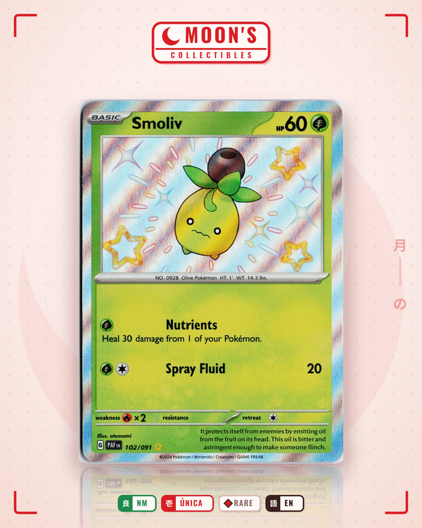 Carta Pokémon Smoliv · Paldean Fates #102/091 (NM) — pieza única en Moon's Collectibles México