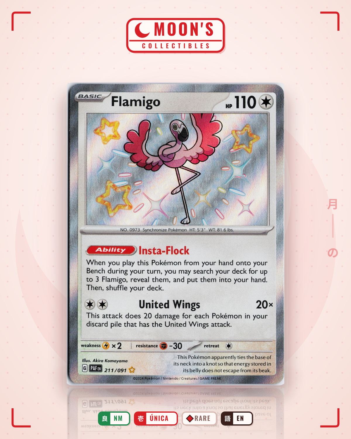 Carta Pokémon Flamigo · Paldean Fates #211/091 (NM) — pieza única en Moon's Collectibles México