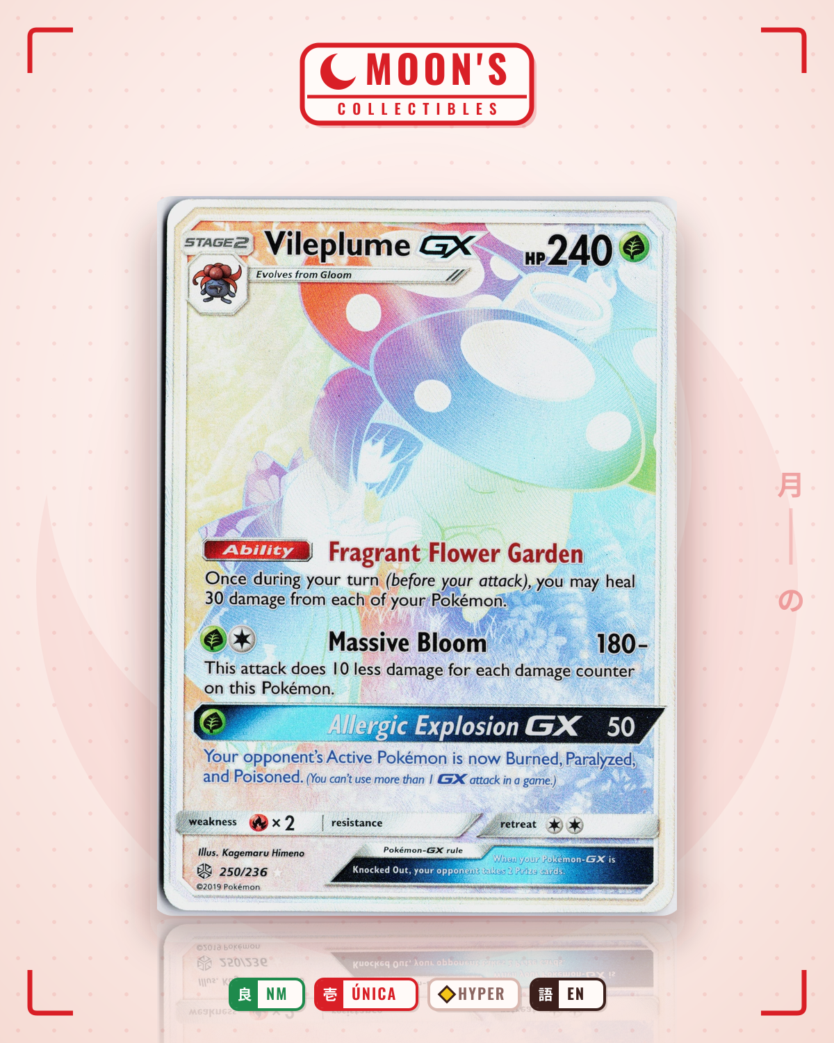 Carta Pokémon Vileplume-GX · Cosmic Eclipse #250/236 (NM) — pieza única en Moon's Collectibles México