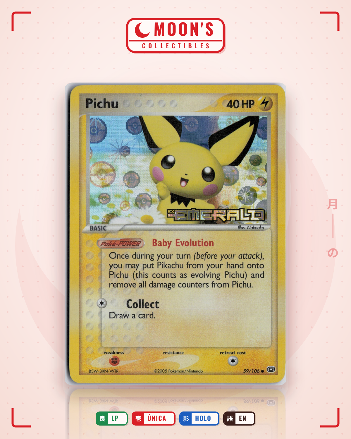 Carta Pokémon Pichu · Emerald #59/106 (LP) — pieza única en Moon's Collectibles México