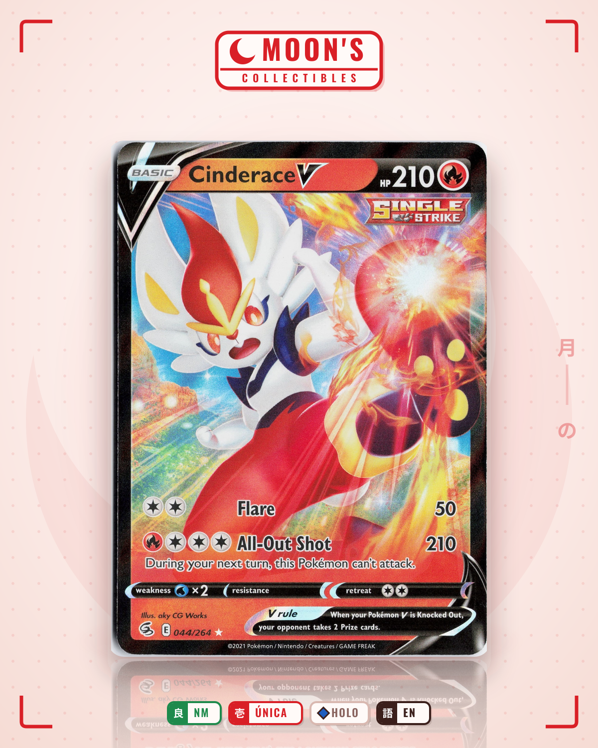 Carta Pokémon Cinderace V · Fusion Strike #044/264 (NM) — pieza única en Moon's Collectibles México