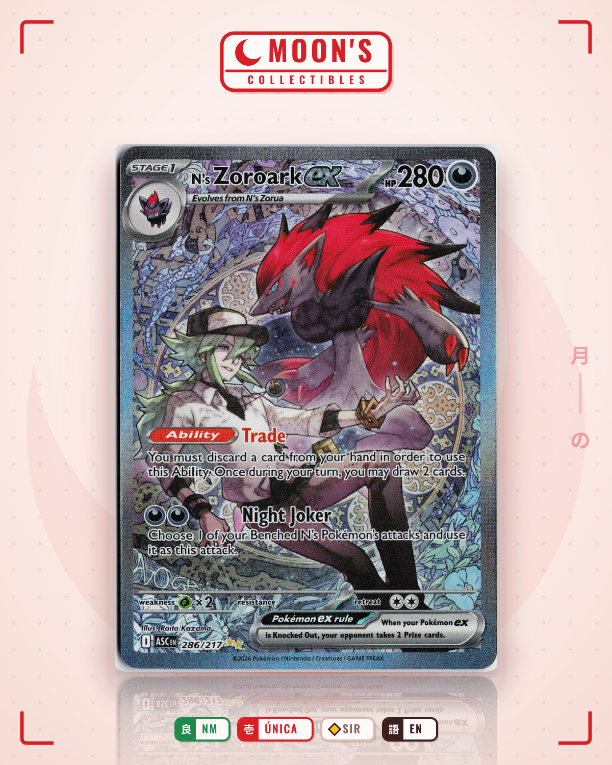 Carta Pokémon N's Zoroark ex · Ascended Heroes #286/217 (NM) — pieza única en Moon's Collectibles México