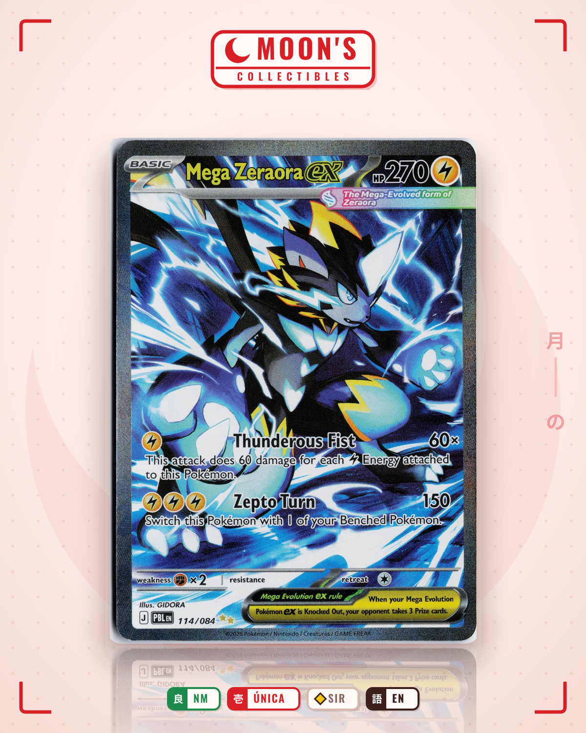 Carta Pokémon Mega Zeraora ex · Pitch Black #114/084 (NM) — pieza única en Moon's Collectibles México