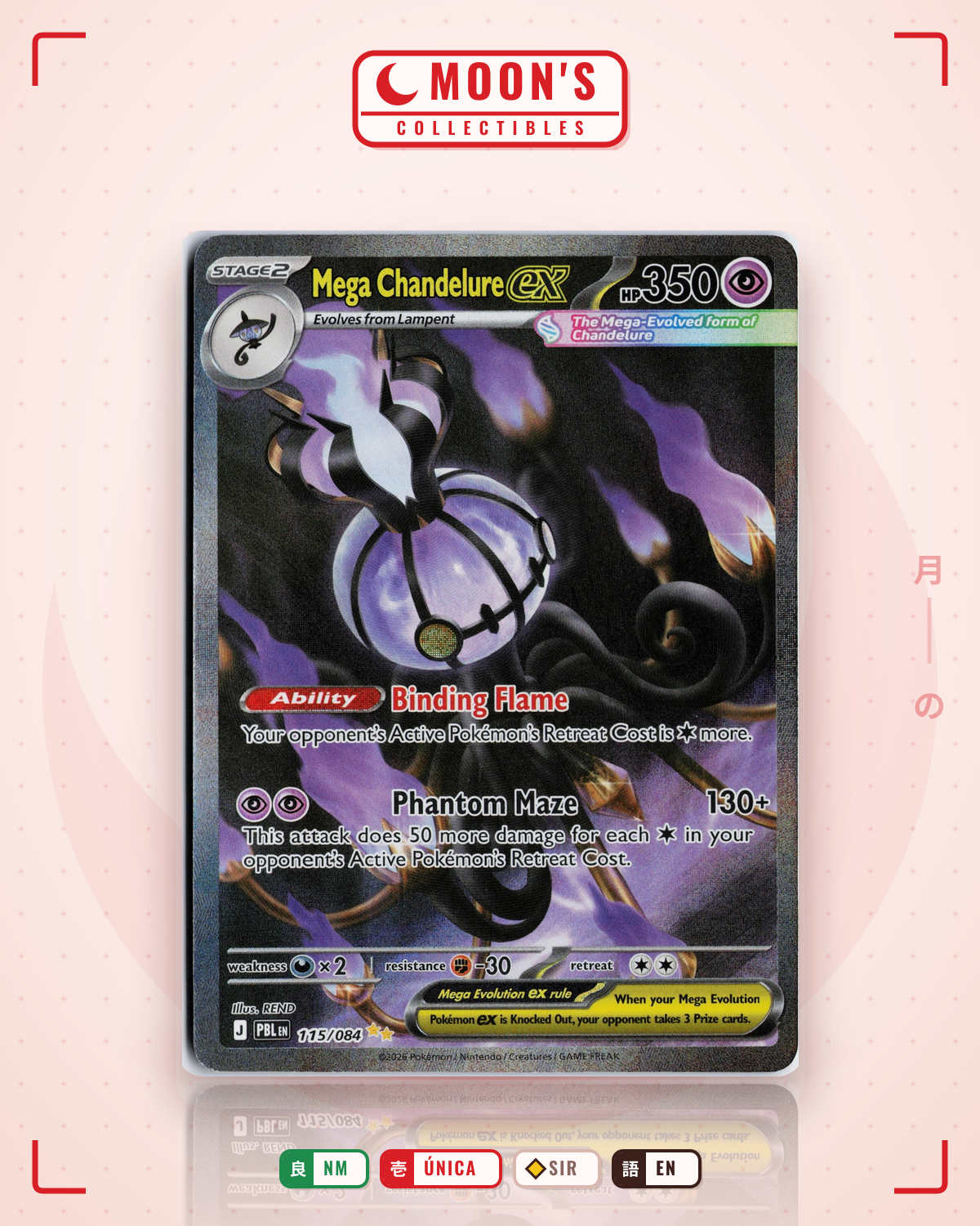 Carta Pokémon Mega Chandelure ex · Pitch Black #115/084 (NM) — pieza única en Moon's Collectibles México