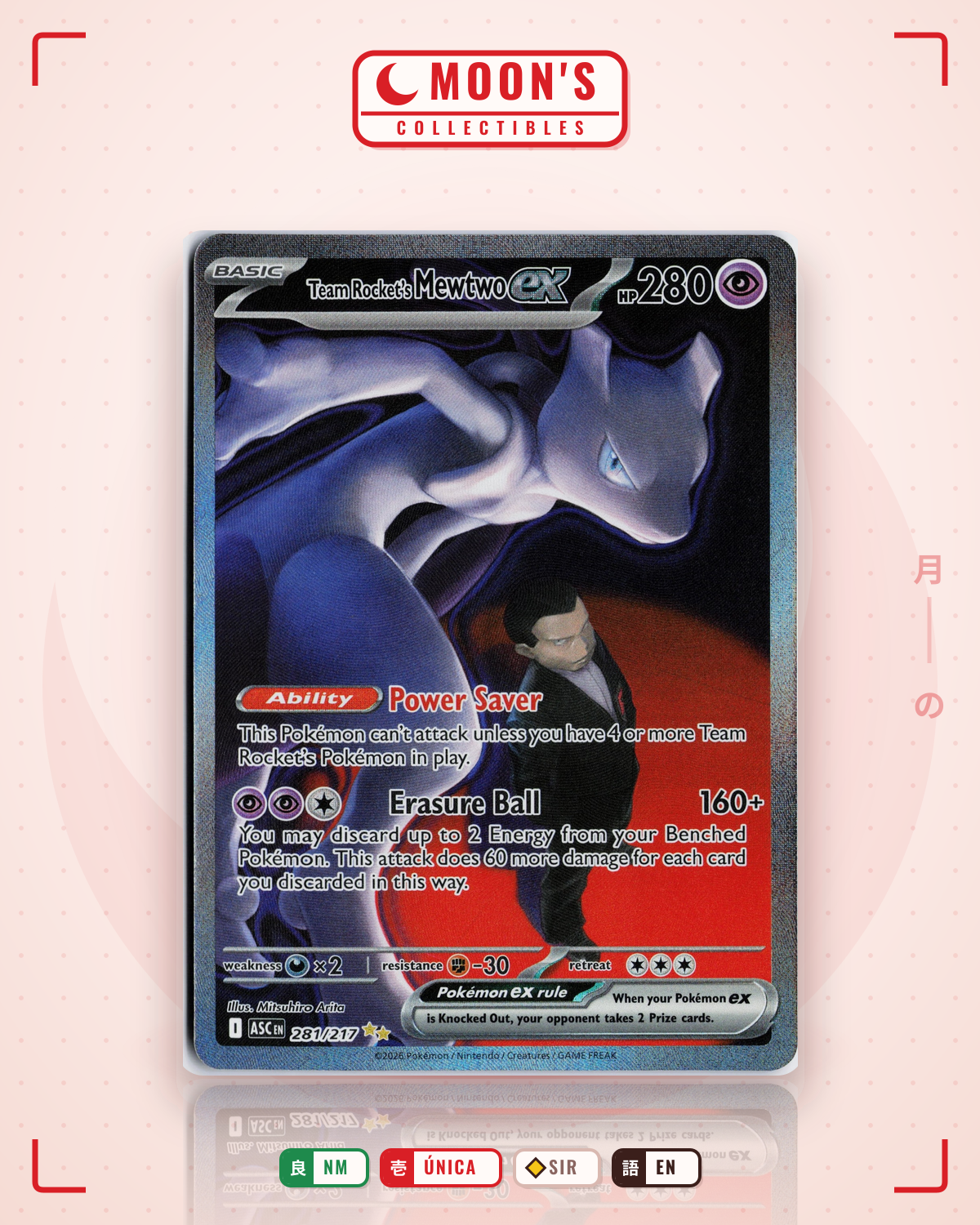 Carta Pokémon Team Rocket's Mewtwo ex · Ascended Heroes #281/217 (NM) — pieza única en Moon's Collectibles México