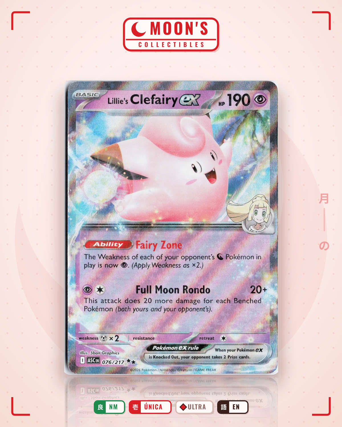 Carta Pokémon Lillie's Clefairy ex · Ascended Heroes #076/217 (NM) — pieza única en Moon's Collectibles México