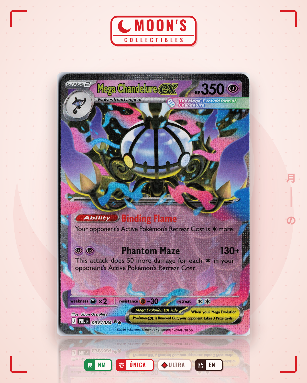 Carta Pokémon Mega Chandelure ex · Pitch Black #038/084 (NM) — pieza única en Moon's Collectibles México