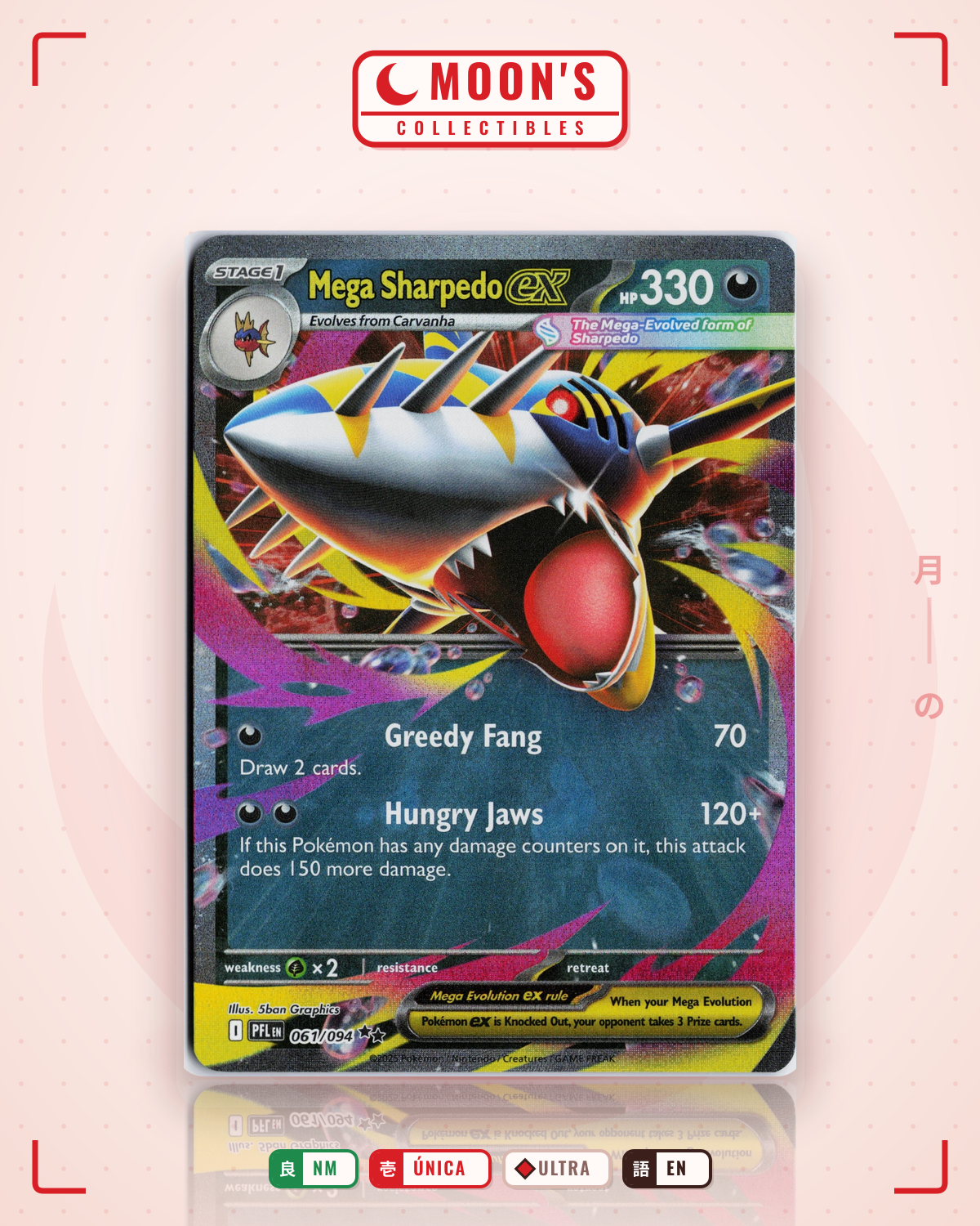 Carta Pokémon Mega Sharpedo ex · Phantasmal Flames #061/094 (NM) — pieza única en Moon's Collectibles México