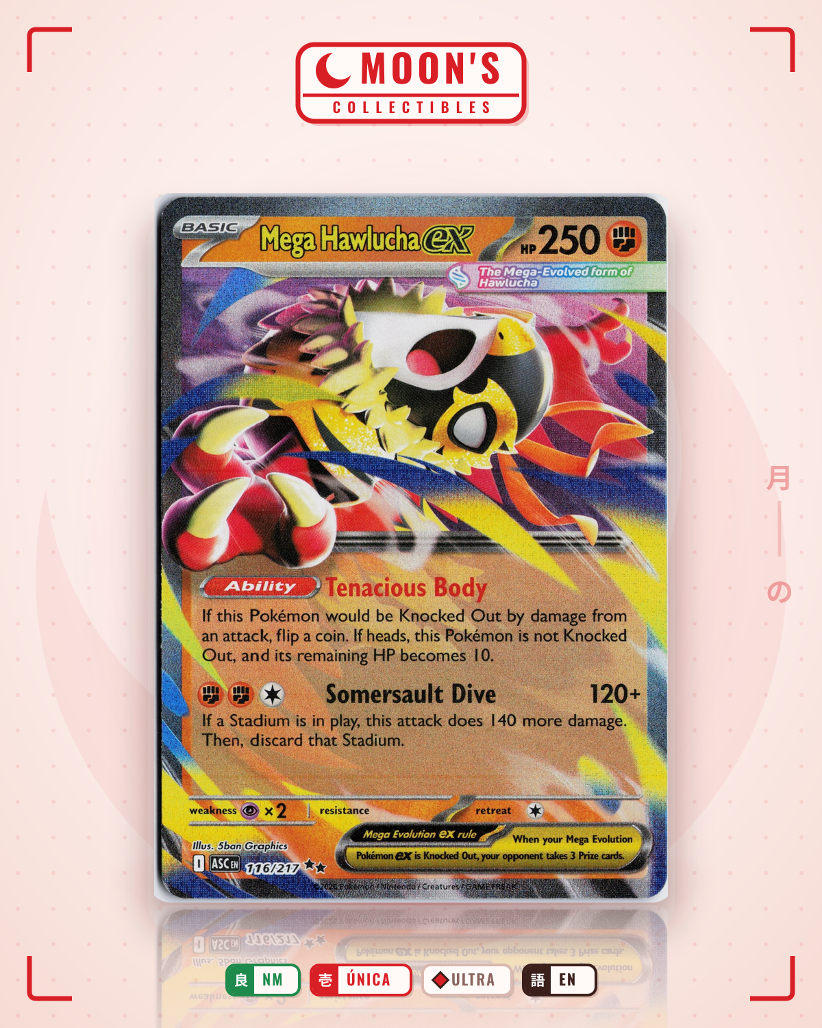 Carta Pokémon Mega Hawlucha ex · Ascended Heroes #116/217 (NM) — pieza única en Moon's Collectibles México