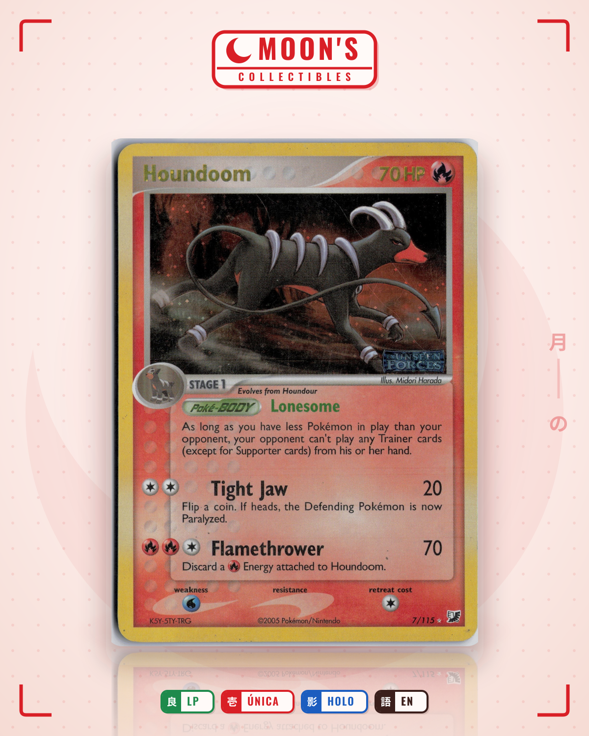Carta Pokémon Houndoom · Unseen Forces #7/115 (LP) — pieza única en Moon's Collectibles México