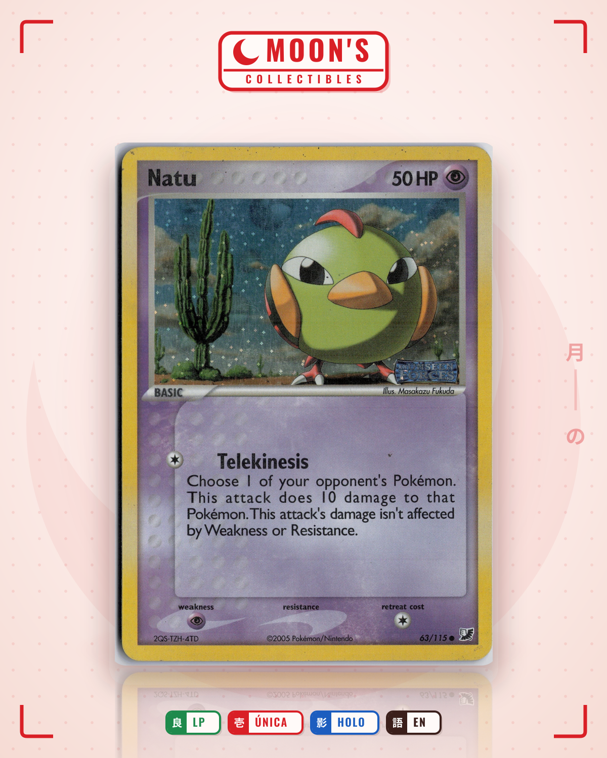 Carta Pokémon Natu · Unseen Forces #63/115 (LP) — pieza única en Moon's Collectibles México