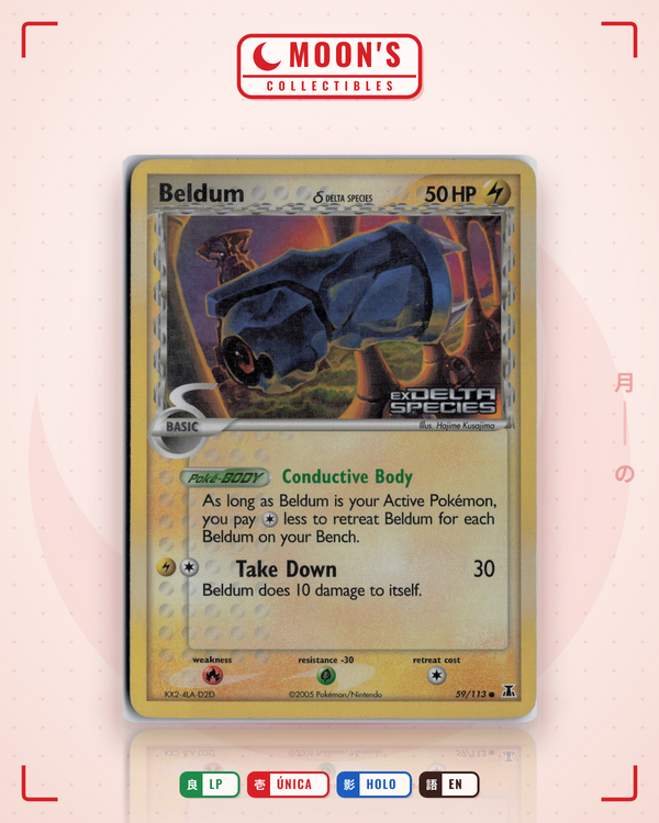 Carta Pokémon Beldum δ · Delta Species #59/113 (LP) — pieza única en Moon's Collectibles México