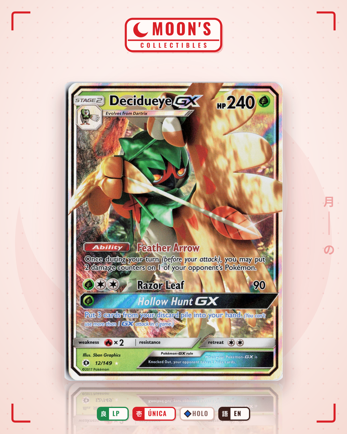 Carta Pokémon Decidueye-GX · Sun & Moon #12/149 (LP) — pieza única en Moon's Collectibles México