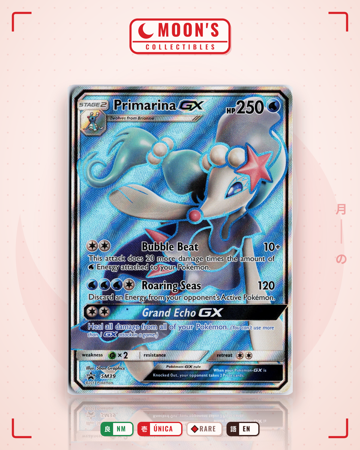 Carta Pokémon Primarina-GX · SM Black Star Promos #SM39 (NM) — pieza única en Moon's Collectibles México