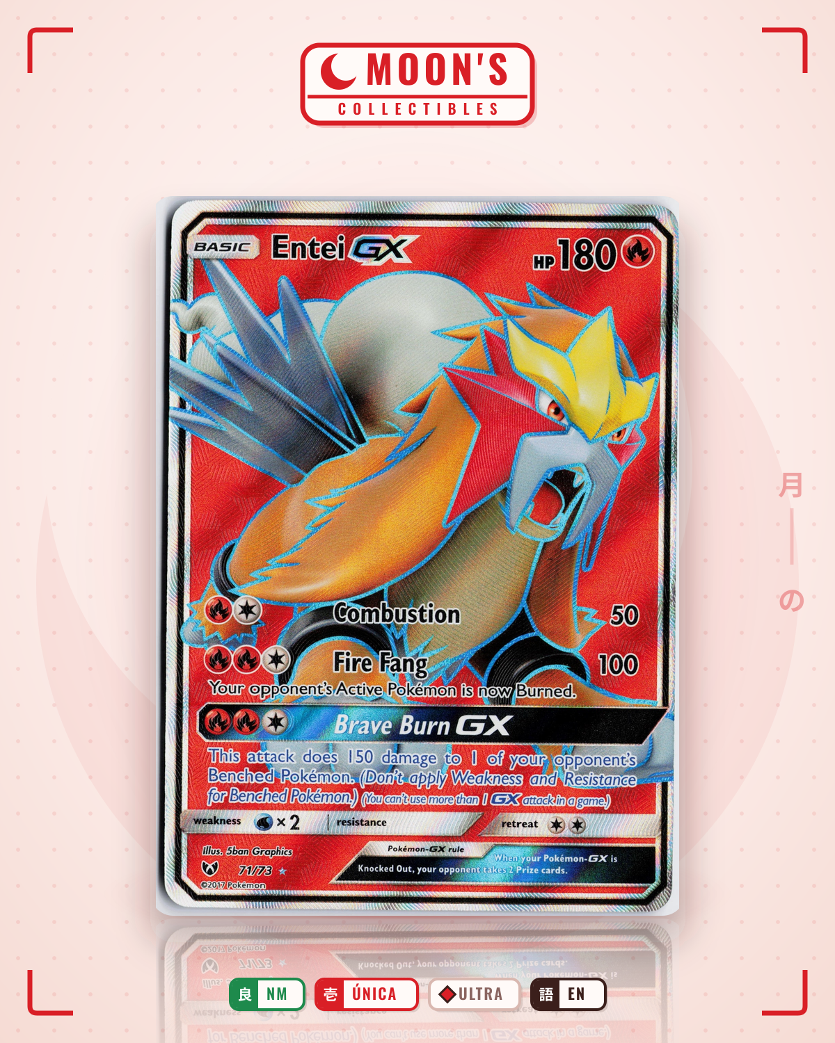 Carta Pokémon Entei-GX · Shining Legends #71/73 (NM) — pieza única en Moon's Collectibles México