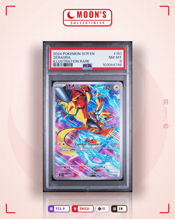 Carta Pokémon Zeraora · Stellar Crown #151/142 (PSA 8) — pieza única en Moon's Collectibles México