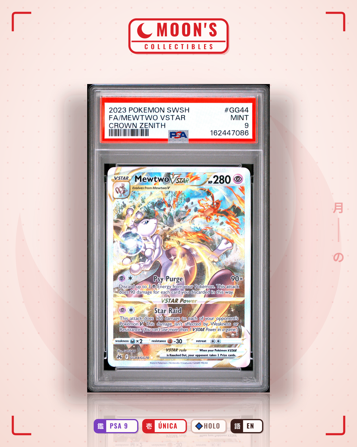 Carta Pokémon Mewtwo VSTAR · Crown Zenith Galarian Gallery #GG44/GG70 (PSA 9) — pieza única en Moon's Collectibles México