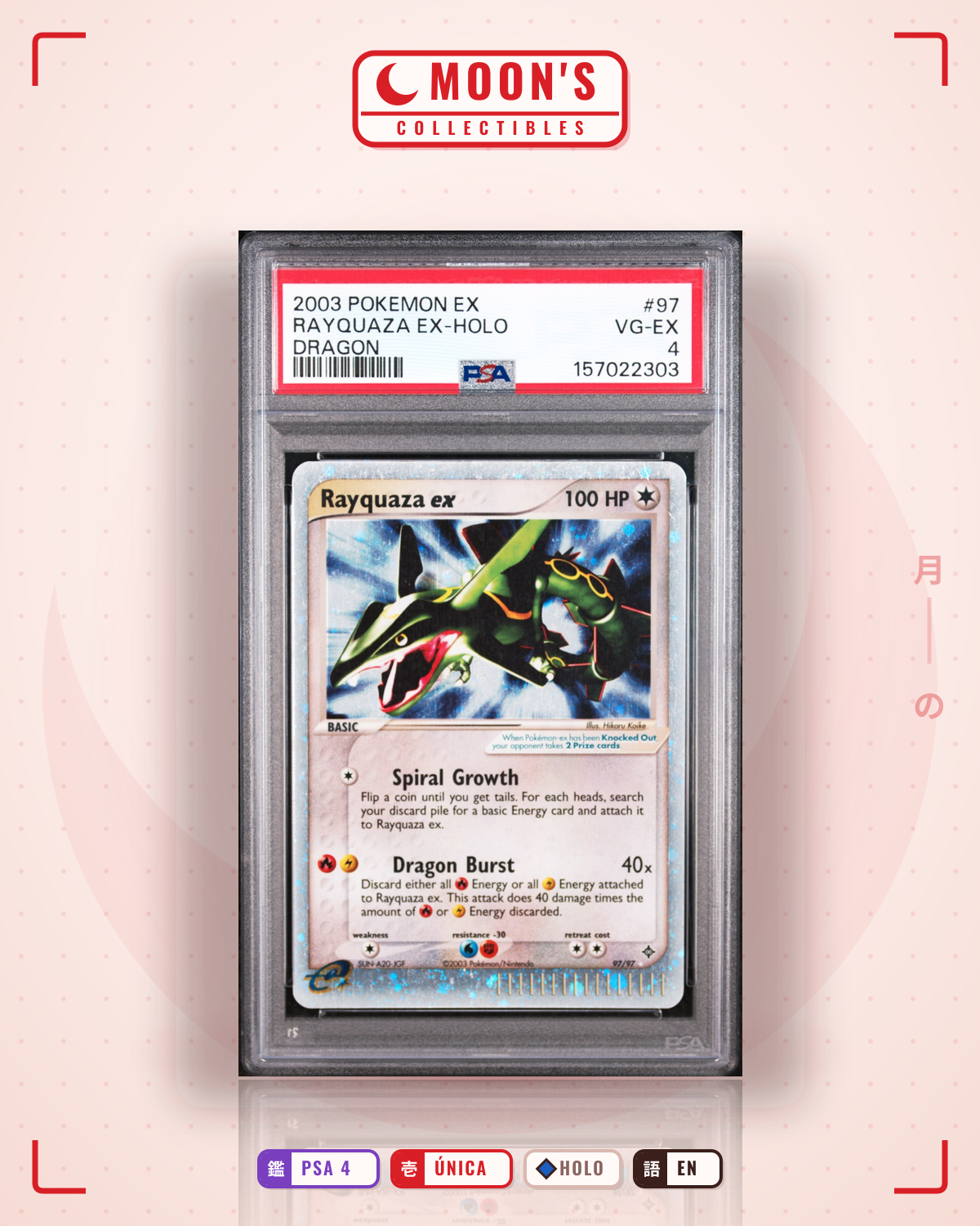 Carta Pokémon Rayquaza ex · Dragon #97/97 (PSA 4) — pieza única en Moon's Collectibles México