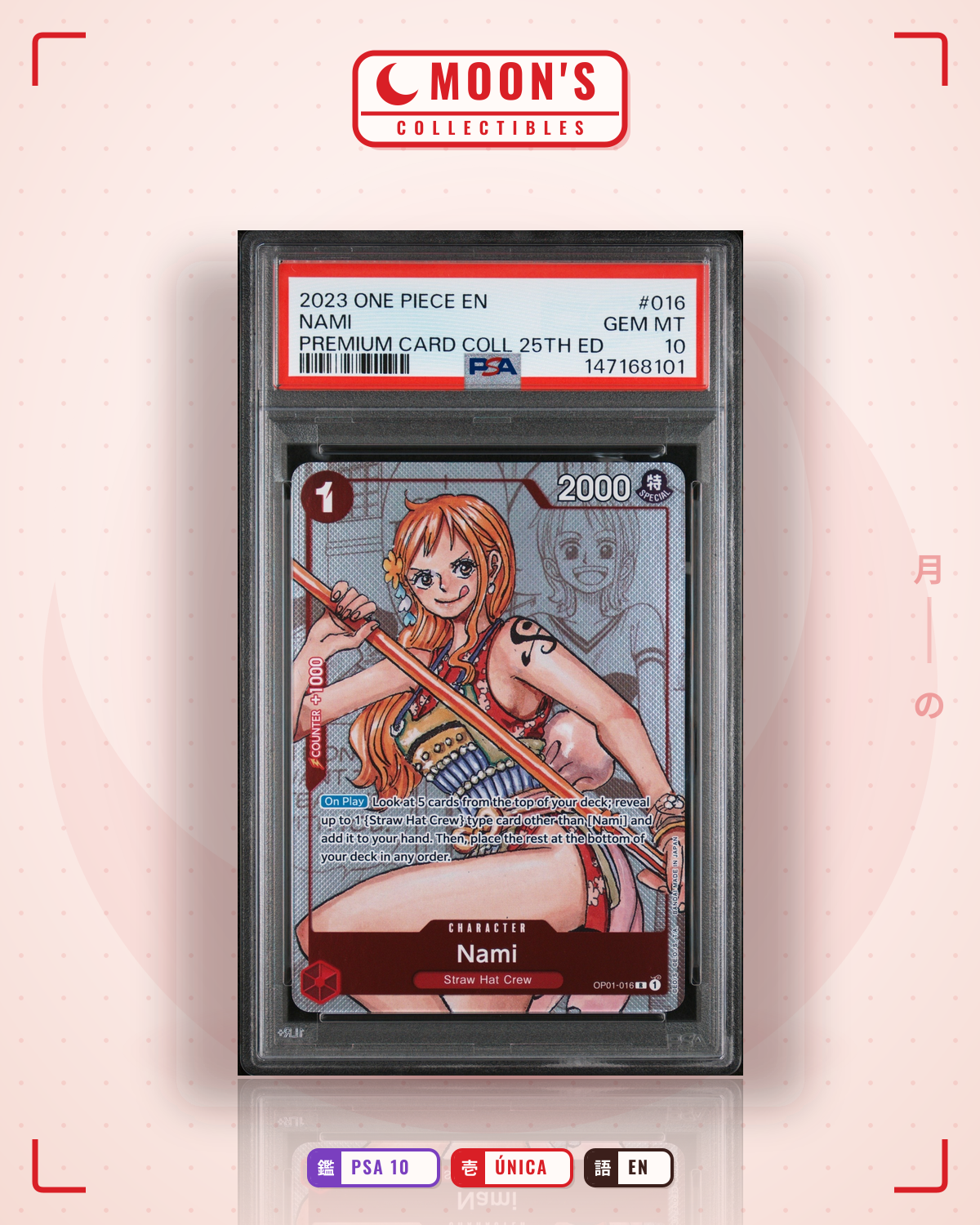 Carta Pokémon PSA 10 Nami · Romance Dawn #OP01-016 (PSA 10) — pieza única en Moon's Collectibles México