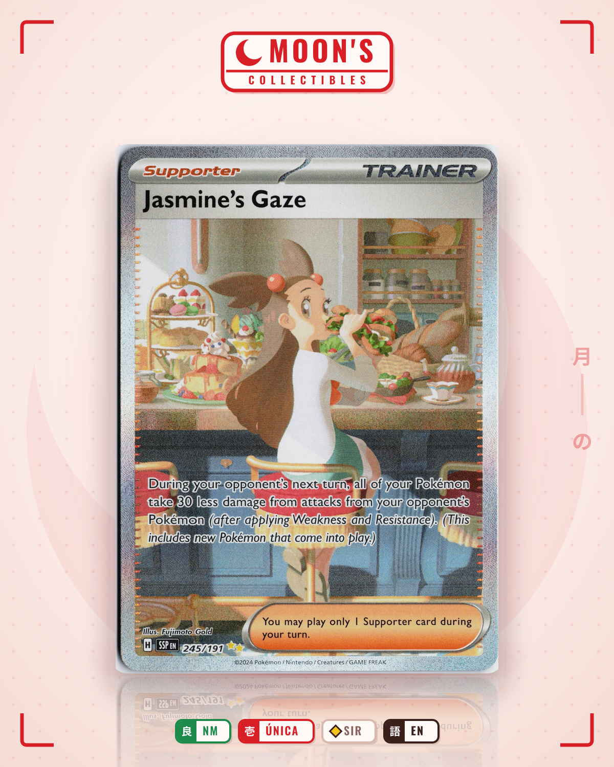 Carta Pokémon Jasmine's Gaze · Surging Sparks #245/191 (NM) — pieza única en Moon's Collectibles México