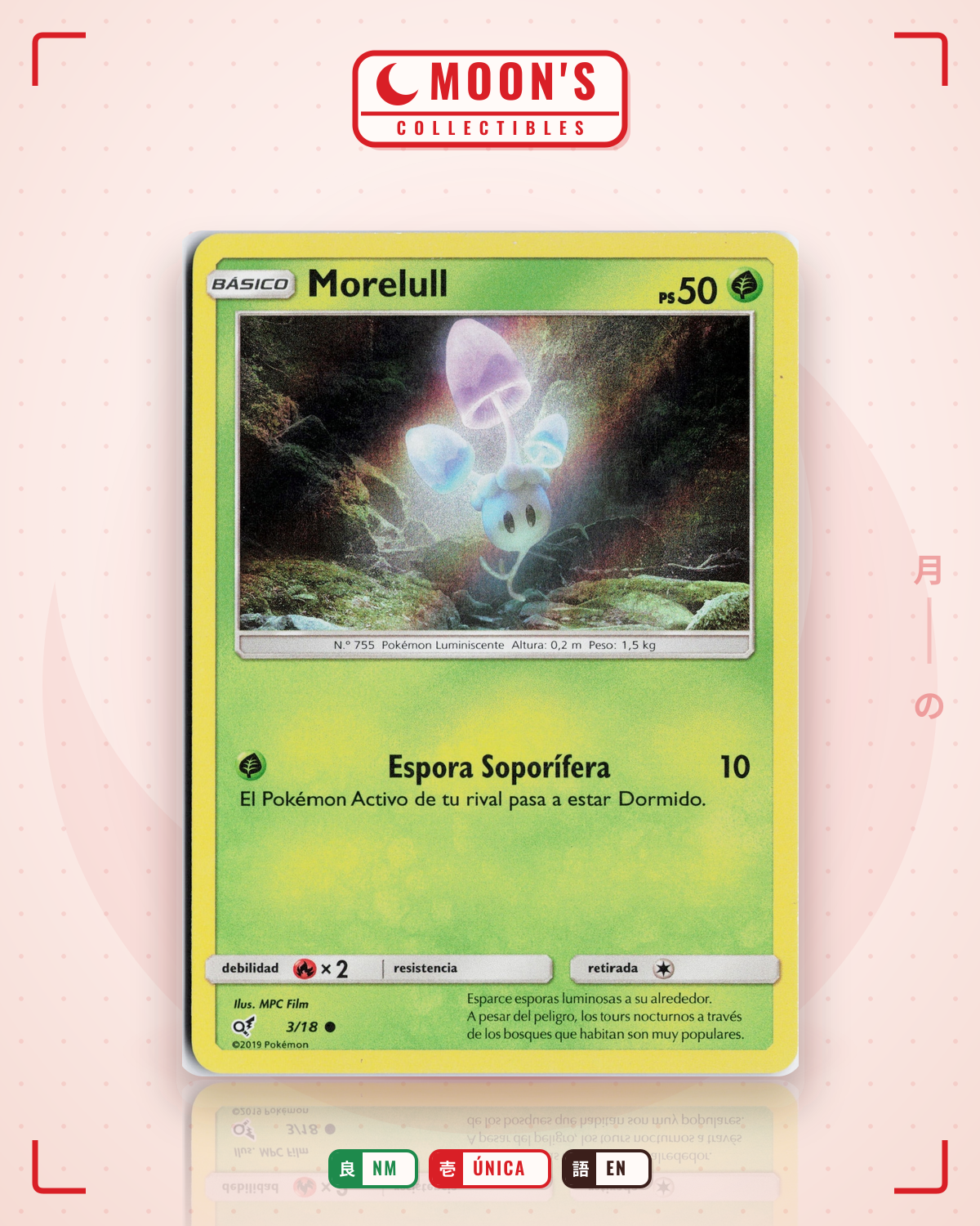 Carta Pokémon Morelull · Detective Pikachu #3/18 (NM) — pieza única en Moon's Collectibles México