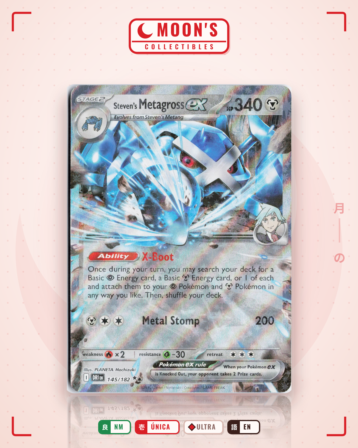 Carta Pokémon Steven's Metagross ex · Destined Rivals #145/182 (NM) — pieza única en Moon's Collectibles México