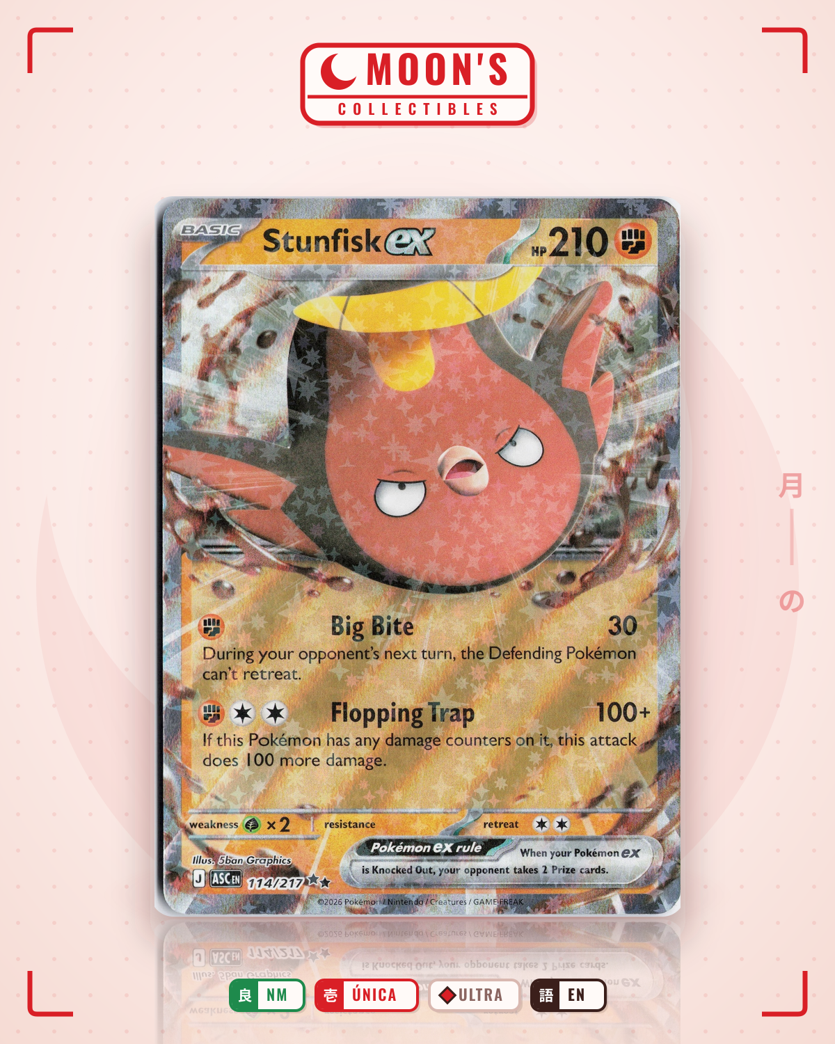 Carta Pokémon Stunfisk ex · Ascended Heroes #114/217 (NM) — pieza única en Moon's Collectibles México