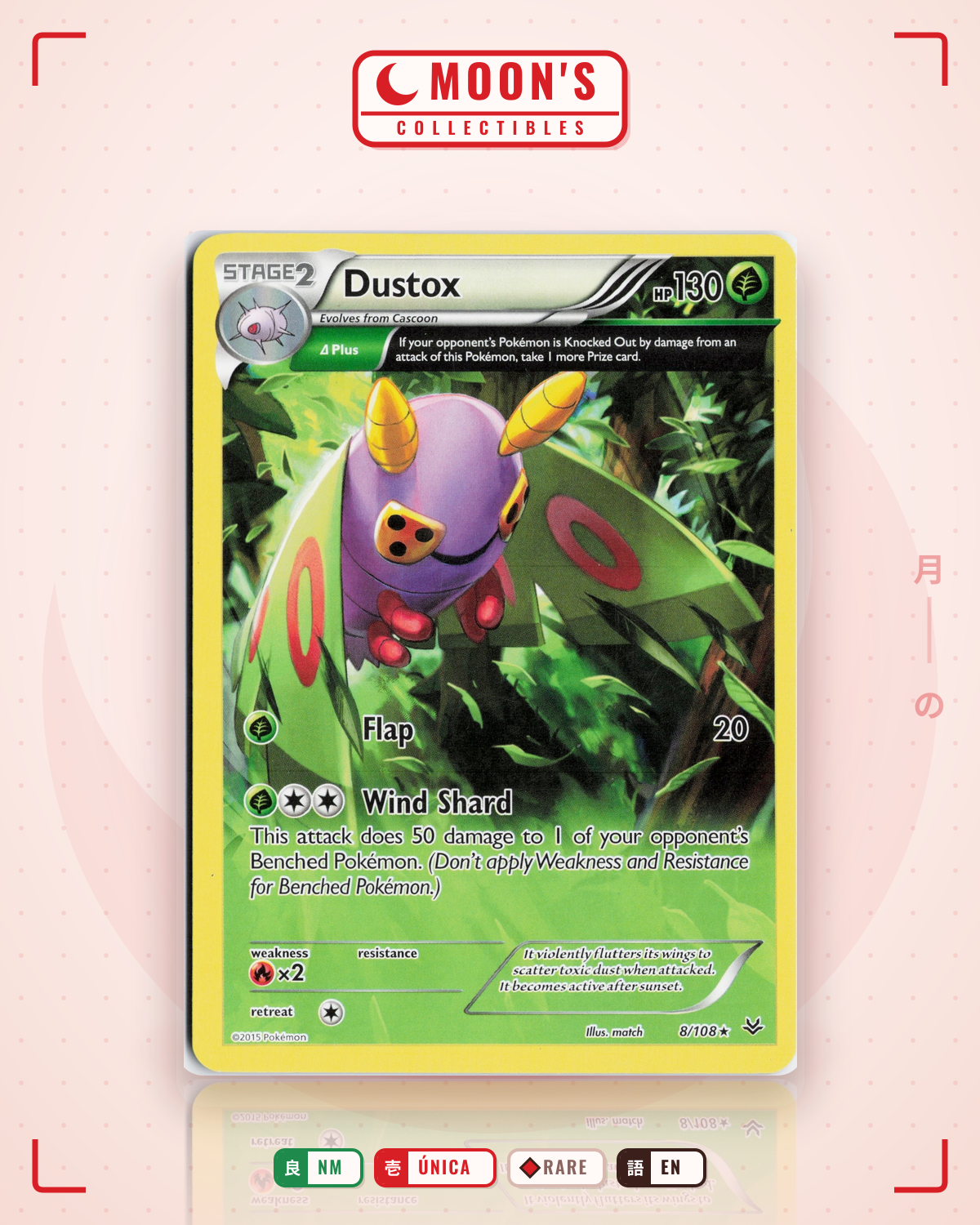 Carta Pokémon Dustox · Roaring Skies #8/108 (NM) — pieza única en Moon's Collectibles México