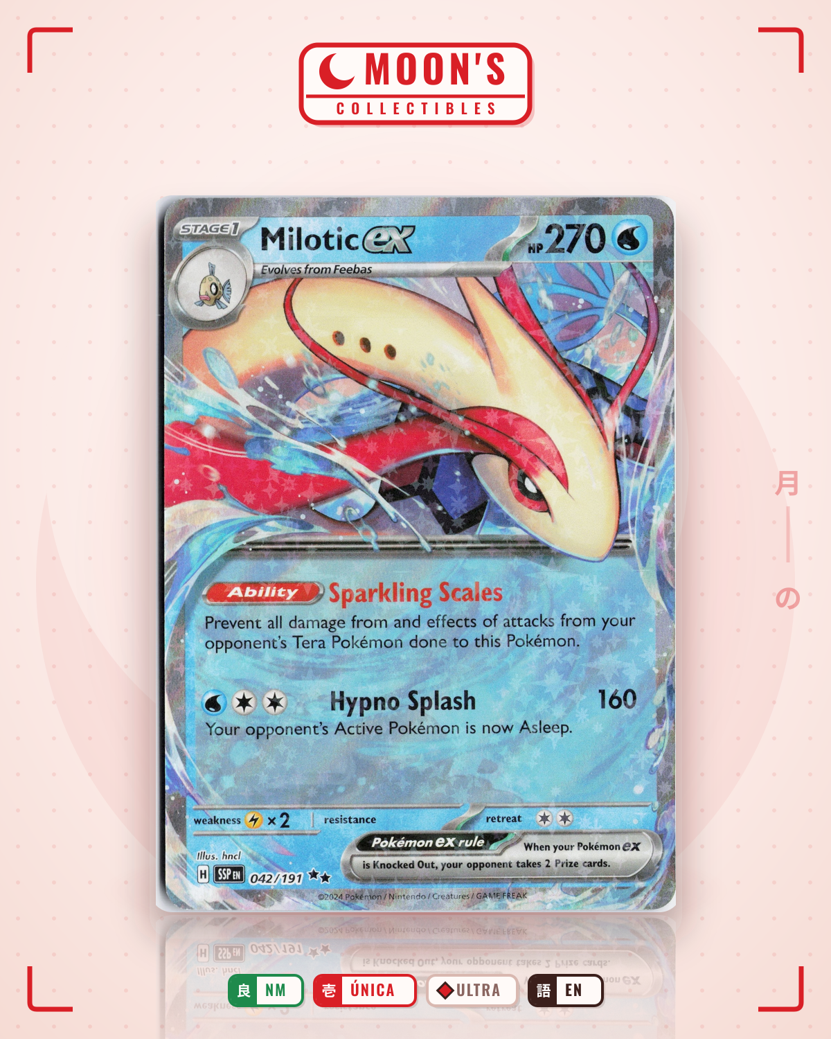 Carta Pokémon Milotic ex · Surging Sparks #042/191 (NM) — pieza única en Moon's Collectibles México